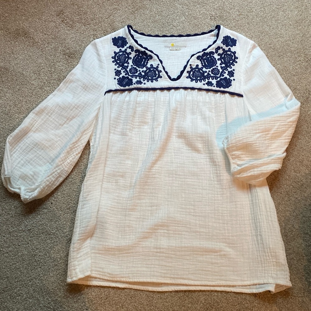 Boden Size 8 white gauze peasant top blue embroidery EUC